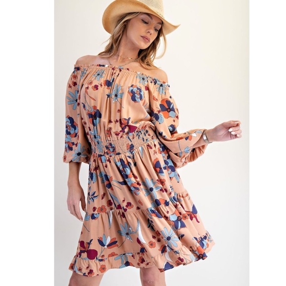 "The Roxy" Latte Floral Smocked Waist Dress - Picture 5 of 6